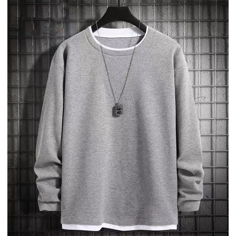 Waffle Men's Sweater Spring and Autumn Trendy Ins Grey Round Neck Autumn Base Shirt Top Trendy Brand Casual fleece-lined