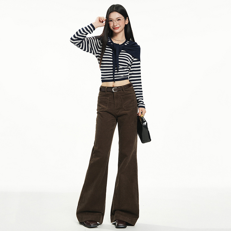Maillard Brown Corduroy Micro-Flared Pants Women's 2025 Autumn and Winter New High-Waist Slimming Small Horseshoe Pants