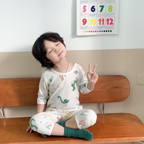 Children's pajamas summer thin three-quarter sleeve girls cartoon home clothes set baby short-sleeved air-conditioned clothes set summer