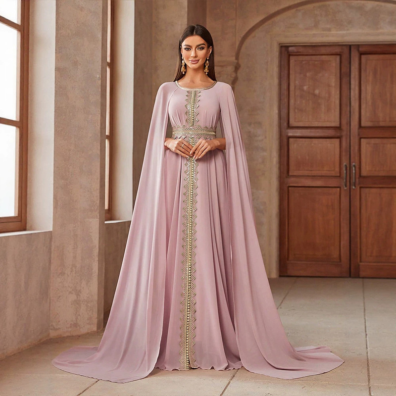 KY1225 Cross-border European and American Women's Elegant Color-Block Lace Splicing Cape Sleeve Waist-Cinching Extra-Long Dress Gown KY1225 Cross-border European and American Women's Elegant Color-Block Lace Splicing Cape Sleeve Waist-Cinching Extra-Long Dress Gown