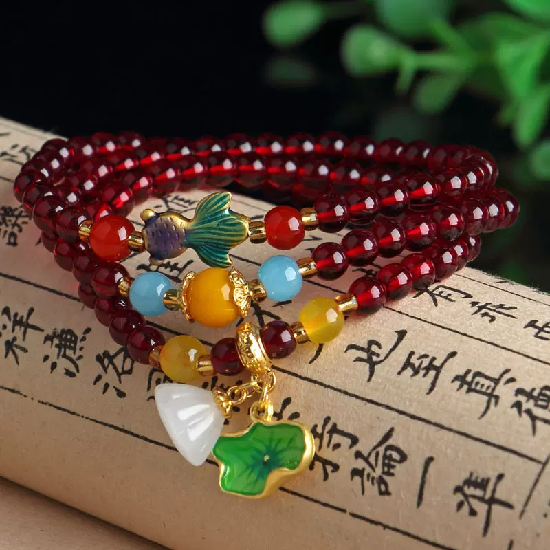 石榴石三圈手链 石榴石女式多圈手链 酒红 配金貔貅景泰蓝配饰