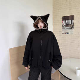 座山雕连帽加绒两面穿工装boxy卫衣男女秋冬宽松加厚开衫棉服防寒