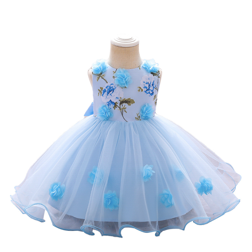 Nuevo vestido de cumpleaños transfronterizo 2026 para bebés y niños pequeños con estampado floral, vestido de flores 3D para niños con diseño de luna llena, vestido de princesa para cumpleaños.