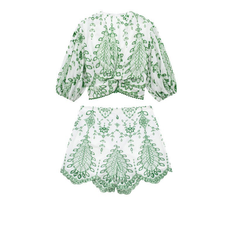 ZR foreign trade wholesale European and American style women's embroidered hollow V-neck short top mid waist shorts 2731 267 098