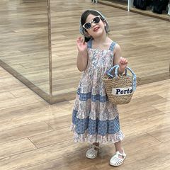 童裝女童連衣裙2024夏裝新款裙子碎花藍格吊帶裙拼接大裙擺公主裙