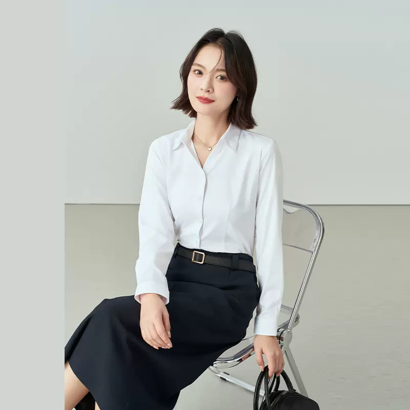 抗皱白色面试衬衫女士夏季西装公考职业正装上衣长袖正肩衬衣套装
