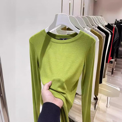 螺纹綿長袖Tシャツ レディース 春秋 2025新作 無地 丸首 インナー ソフト スリムフィット ベースレイヤー トップス