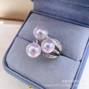 S925 Silver Three-Bead Ring Natural Freshwater Pearl 7-8mm Round Strong Light Ring Adjustable Niche High-End