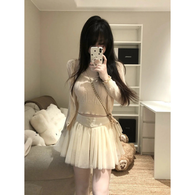 三件套女2025夏季新款纯欲甜辣妹镂空针织开衫吊带背心高腰半身裙|undefined