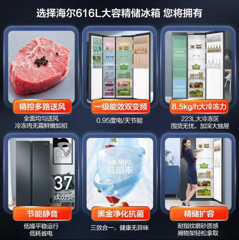 海尓冰箱BCD-616WGHSSEDC9双开门大容量风冷无霜一级能效家用冰箱|undefined