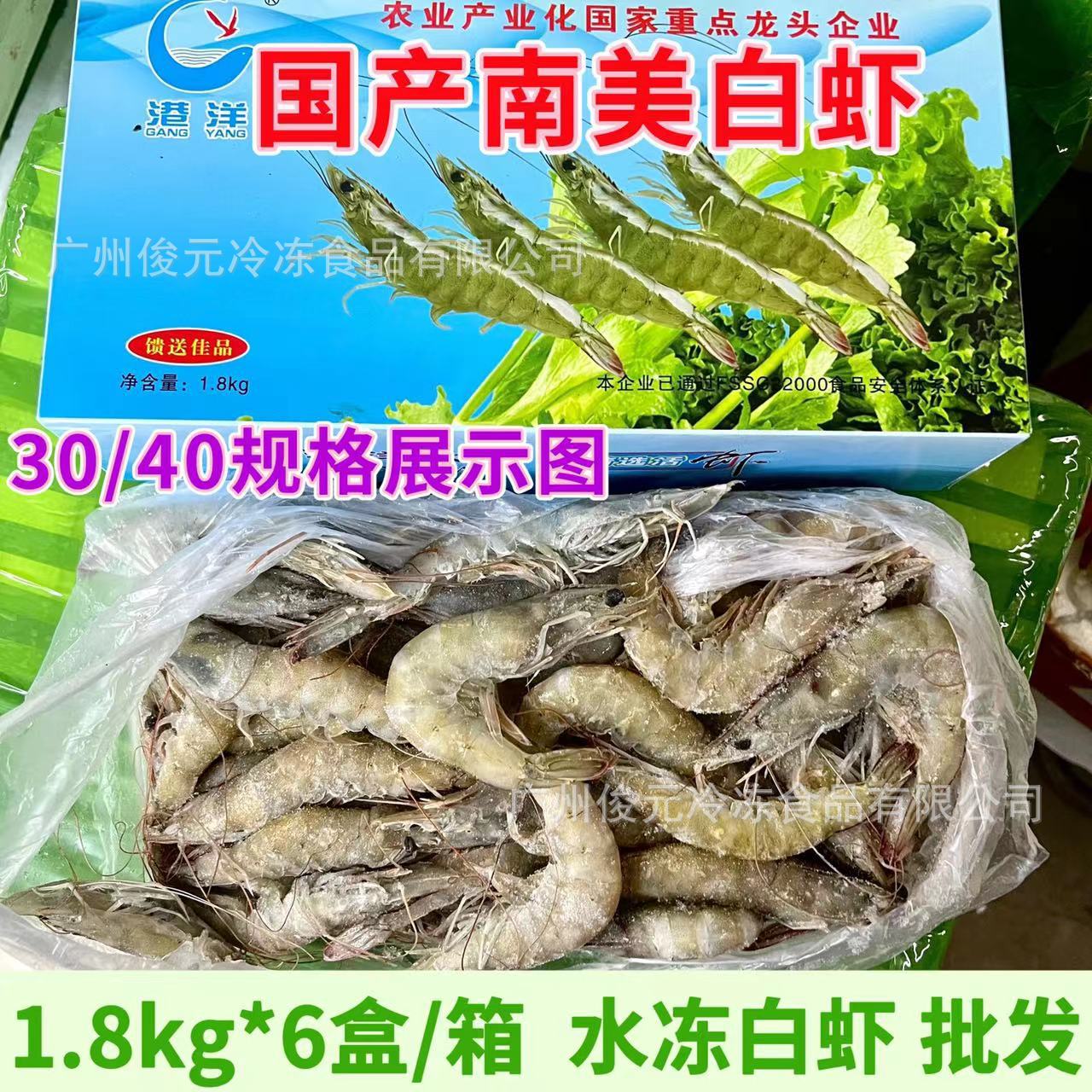 湛江港洋水冻白虾 4斤*6盒/箱 冷冻白对虾 生冻虾 连头整只白虾
