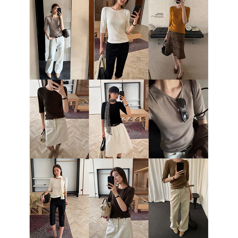 Han Xun Urban Commuting Wool Blend Round Neck Mid-Sleeve Knit Sweater 2026 Autumn Slim Fit Versatile Top 27454