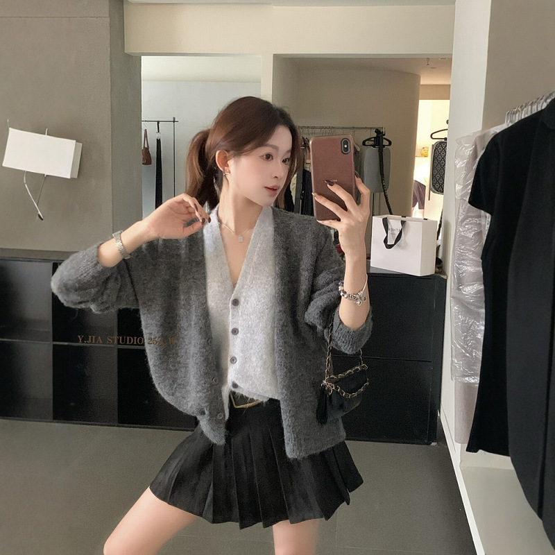 여성 가을 브이넥 니트 가디건 커피브라운 배색 레이어드 가짜 투피스 출근