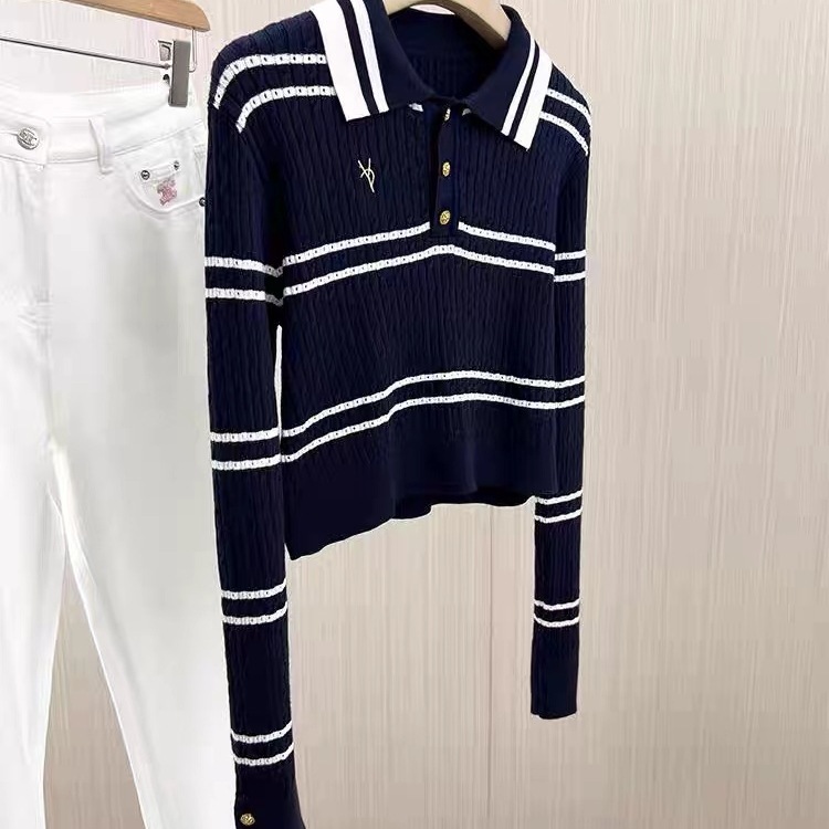 韩系绝美名媛风白色条纹V领长袖针织衫女秋季款好看轻熟小衫|undefined
