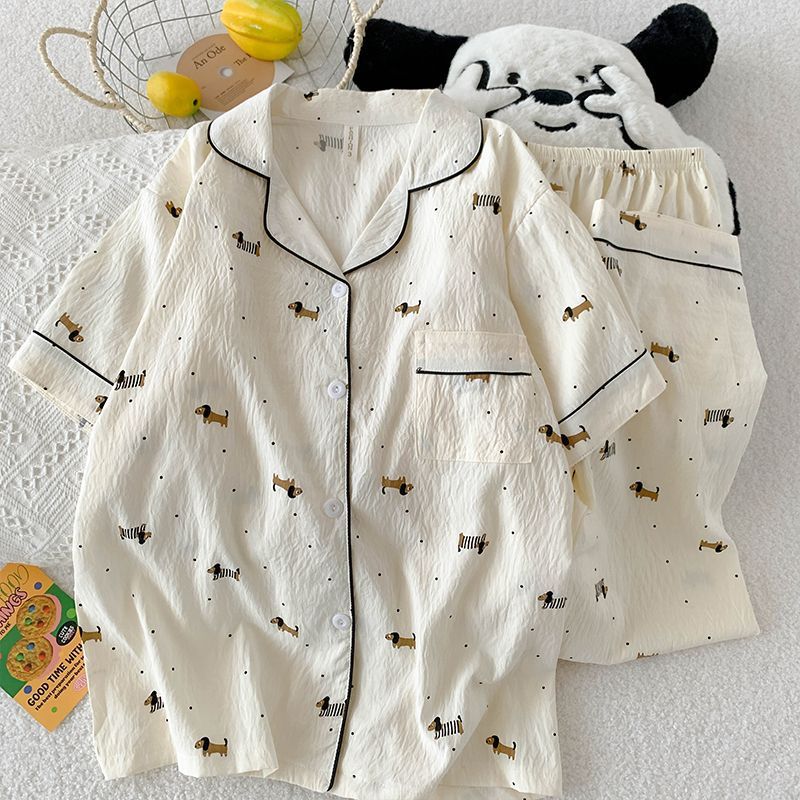 Verano nuevo estilo pijama mujer nube algodón 120g solapa cárdigan pantalones cortos de manga corta pantalones de tres piezas lindo servicio a domicilio
