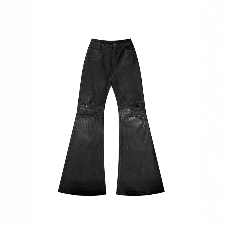 American High Street Vibe Style Niche Handmade Wax-Coated Micro-Flared Floor-Length Jeans Stretch Straight Pants for Men