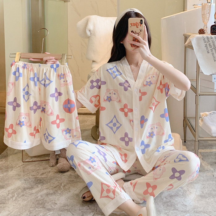 Nuevo estilo pijamas traje de tres piezas de las mujeres pijamas de estilo coreano de verano dulce ins estilo desgaste para el hogar conjunto de tres piezas entrega de una pieza