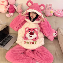 卡通少女连帽睡衣女秋冬季女孩17岁高中生法兰绒毛保暖家居服套装