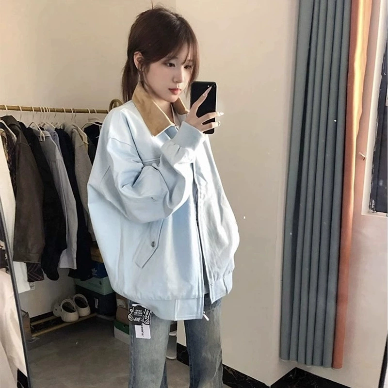 Американская ретро-куртка для женщин, весна и осень 2025, новый модный брендовый цветной отложной воротник, свободная парная куртка, бейсбольный кардиган