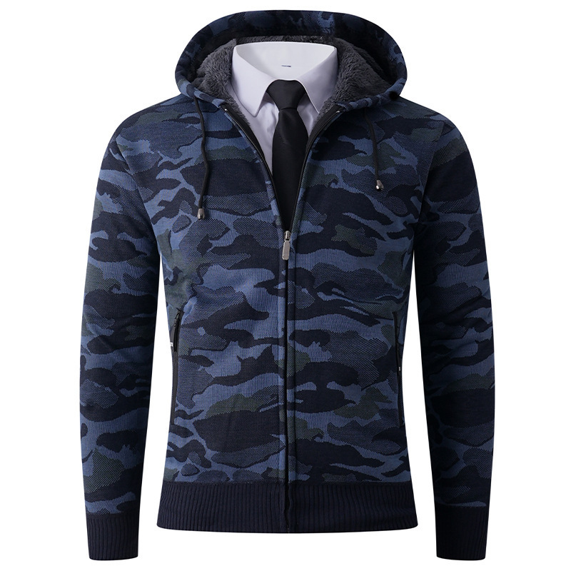 Autumn and Winter Men's Velvet Knitted Cardigan European and American Fashion Camouflage Print Hooded Zipper Sweater Jacket Men's Cross-Border Autumn and Winter Men's Velvet Knitted Cardigan European and American Fashion Camouflage Print Hooded Zipper Sweater Jacket Men's Cross-Border
