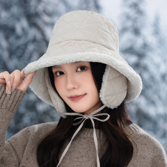 秋冬新款加绒菱形格纹渔夫帽日系防风保暖护耳帽百搭显脸小雷锋帽
