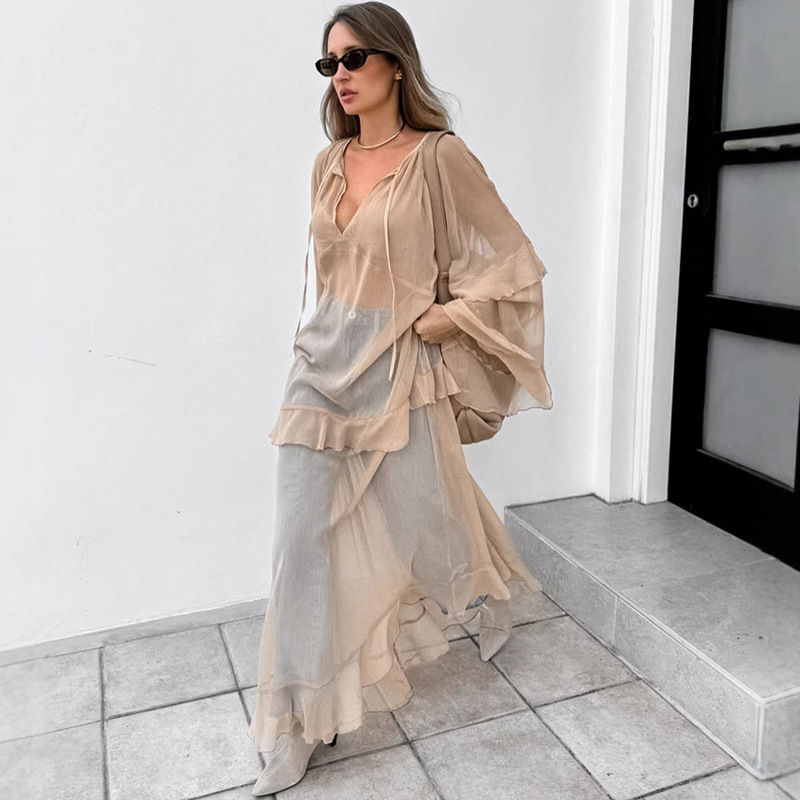 Khaki Spring New Batwing Sleeve Dress 2027 European and American Fashion Cross-Border Wholesale Sun Protection Cover-Up Long Dress for Women Khaki Spring New Batwing Sleeve Dress 2027 European and American Fashion Cross-Border Wholesale Sun Protection Cover-Up Long Dress for Women