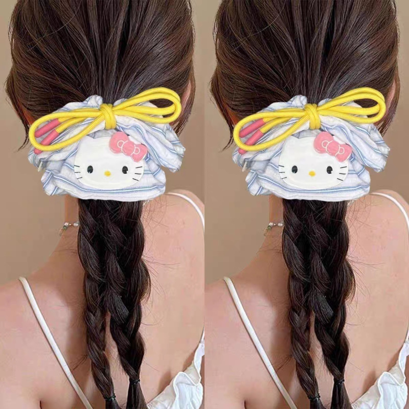 KT 猫リボンヘアゴム女性用、爽やかなブルーストライプ、高級感、甘い、怠惰なスタイル、ボールヘッドバンド|undefined