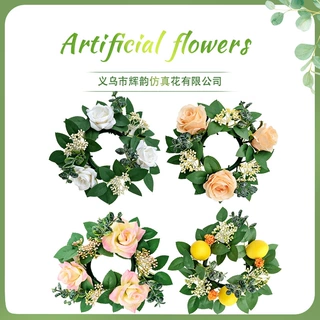 仿真玫瑰花烛台花环橱窗桌面摆件婚庆婚礼装饰品烛台蜡烛浪漫花环