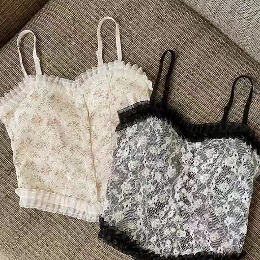 Ruffled Edge Printed Lace Camisole for Women, Summer 2023 Korean Style Short Slim-Fit Crop Top for Outerwear