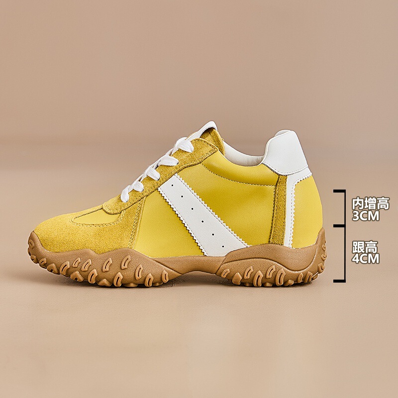 女性用身長7cmアップのトレーニングシューズ、2025年春の新作厚底イエロースポーツカジュアルシューズ、ソフトソールの万能フォレストシューズ。|undefined