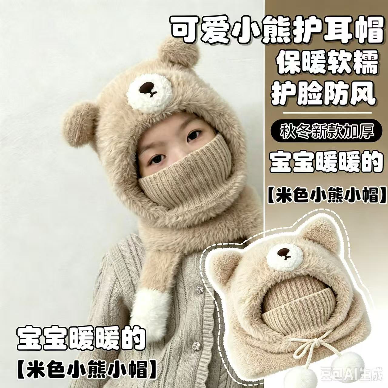 Children's winter hat, scarf, and mask all-in-one, fleece-lined, warm, and ear-protecting hat, unisex, bear-themed hooded hat for cold weather