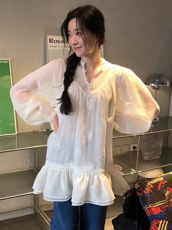 南法序曲2025秋季重工立体花朵抽绳衬衫韩代款设计感衬衣女高级感|undefined