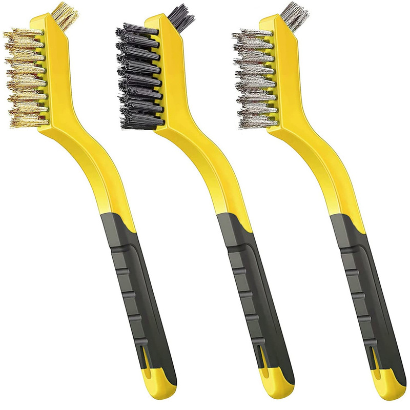 3-piece set of wire brush suit nylon/brass/stainless steel bristles, with curved handle, rusty paint matte