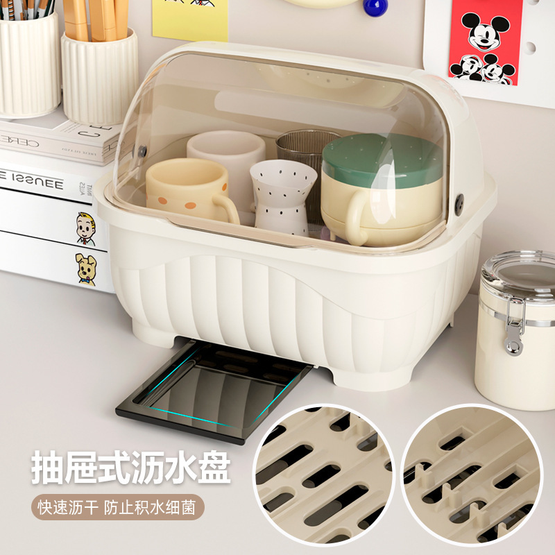 Student Dormitory Desktop Draining Dish Cabinet with Lid, Dustproof Kitchen Cabinet for Storing Dishes, Cups, Tea Cups, and Chopsticks Organizer