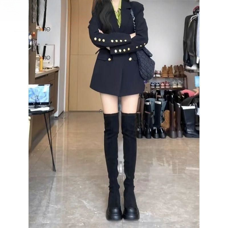 Over-The-Knee Boots for Women, Slimming Look, Thick-Soled Boots for Fat Mm, European and American Fashion High-Heeled Boots, Elastic Slim Boots