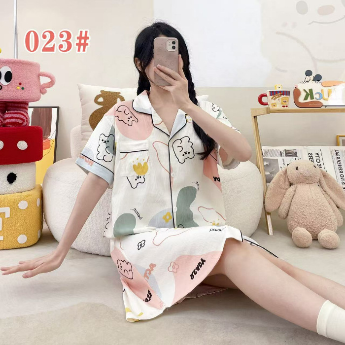 Pijama de verano de manga corta cardigan con solapa impresión de dibujos animados nubes de algodón dulce suelto medio largo vestido transfronterizo