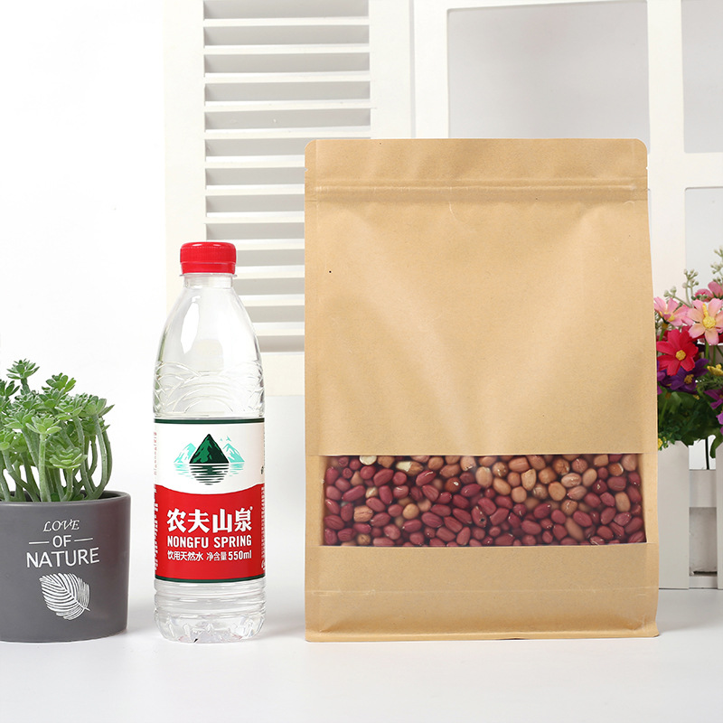 Paper bag food packaging bag window opening self-standing kraft paper self-standing tea bag eight-sided seal bag wholesale kraft paper bag 