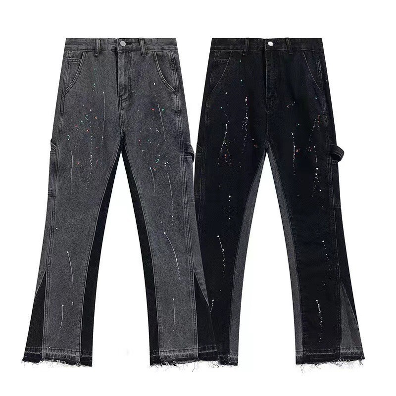 European and American fashion brand high street splash ink stitching vibe style horn jeans men and women ins loose mop straight trousers