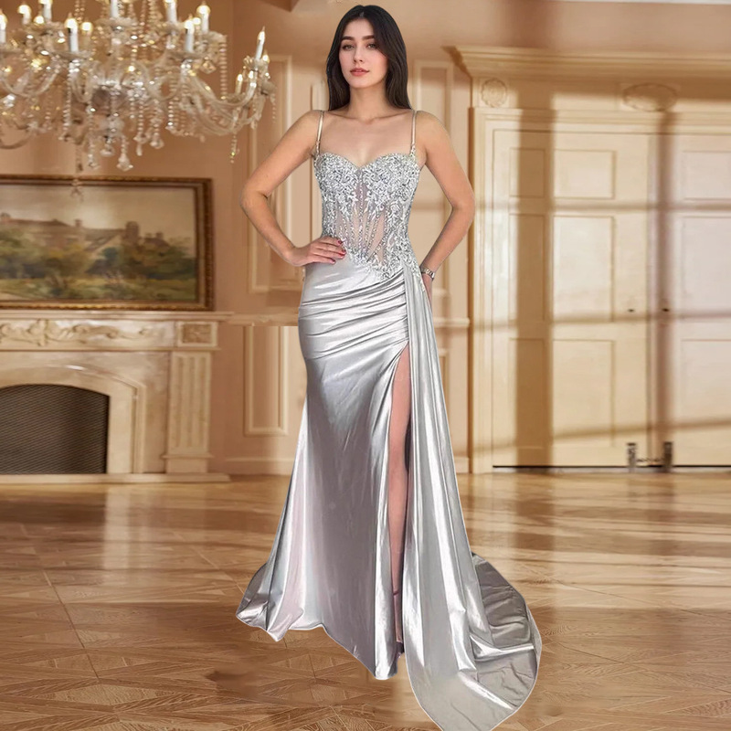 Aliexpress New Green Suspender Prom Evening Dress 2025 New Long Slit Small Tail Adult Dress for Women