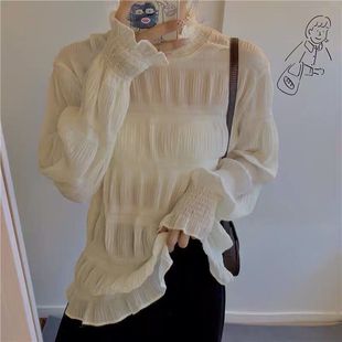 Women's plus size Chiffon Base Shirt Women's Chubby MM2021 Spring and Autumn New Lace Ear Edge Mock Collar Age-reducing Top