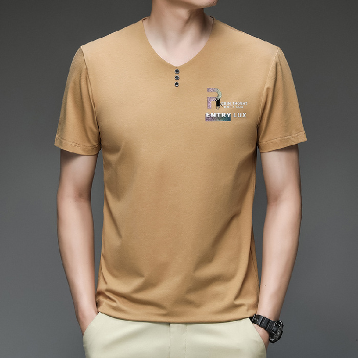 2023 Summer V-Neck Short Sleeved Cotton Fashion Casual Trendy Loose T-Shirt Men's Top Dad Dress Up_voghion.com