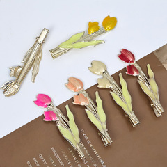 Stylish Hot Selling Korean Version Colorful Oil Drip Flower Hair Clips Tulip Metal Duckbill Clips Versatile Forehead Edge Clips