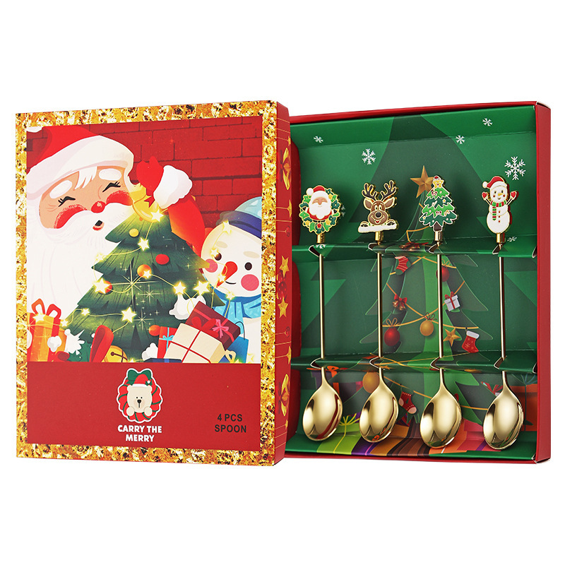 クロスボーダー新しいクリエイティブクリスマススプーン 304 ステンレス鋼クリスマス食器漫画クリスマスギフトボックスセットスプーンとフォーク|undefined