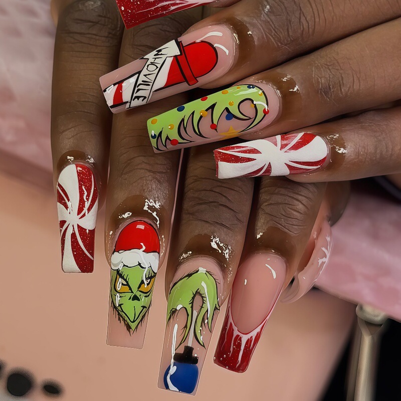 Christmas Green Furry Monster Grinch Nail Art Christmas Decoration Signal Light Wearable Nails Fake Nail Pieces 2502