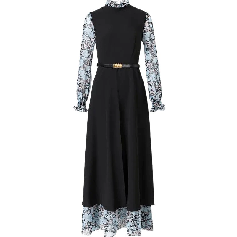 Женское платье больших размеров на весну и осень, Новое поступление, длинное платье с цветочным принтом в художественном стиле, искусственное платье выше колена из двух частей, элегантное большое свободное платье