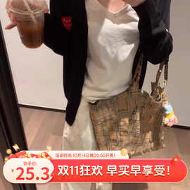 复古小红书新款格纹橙色格子大容量时尚包高腋下颜值通勤托特单肩