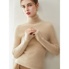 秋冬新款100%纯山羊绒衫女一线成衣抽条高翻领长袖针织衫毛衣保暖