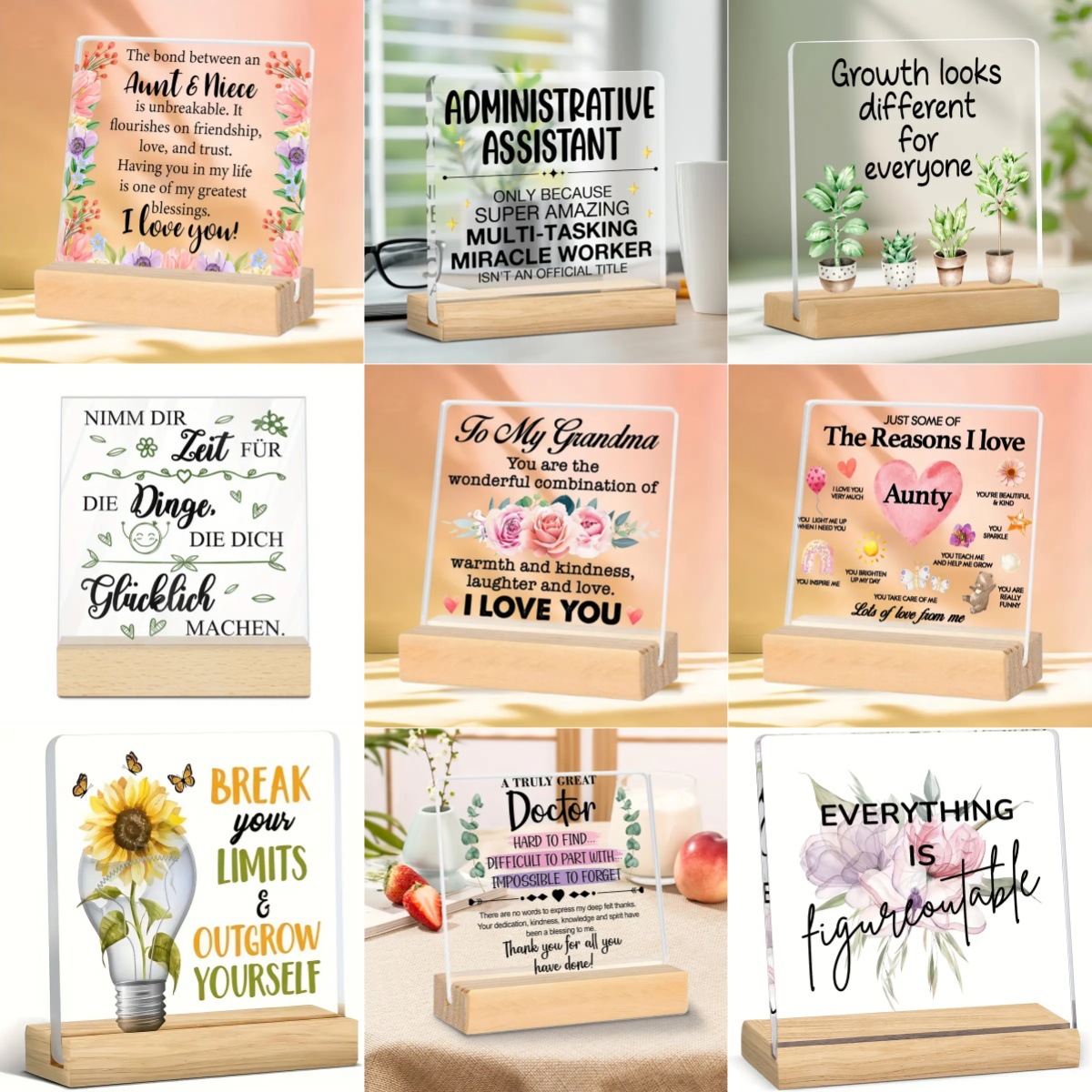 跨境亚马逊新款亚克力正方形带木质底座摆件节日祝福语桌面装饰品