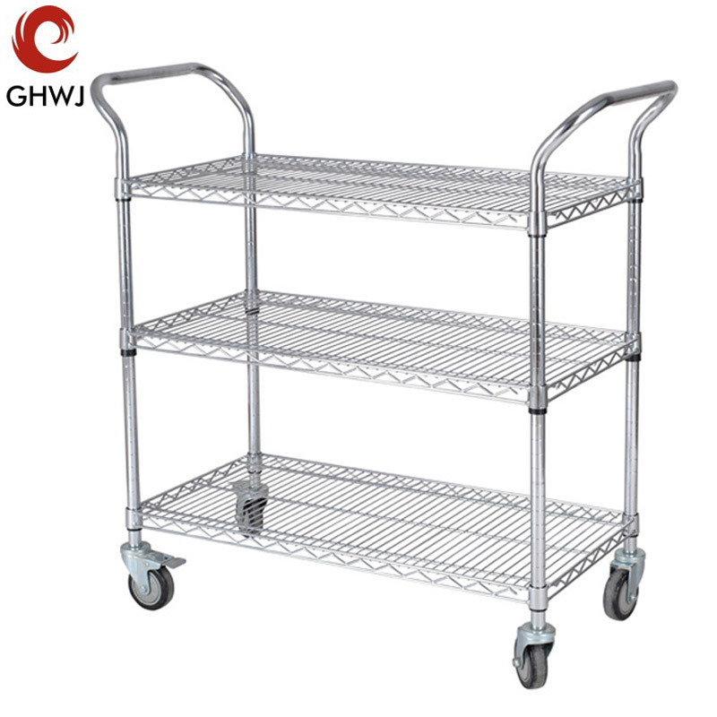 三层碳钢镀铬不锈钢带扶手网格状厂物流周转物料工具手推车耐磨轮