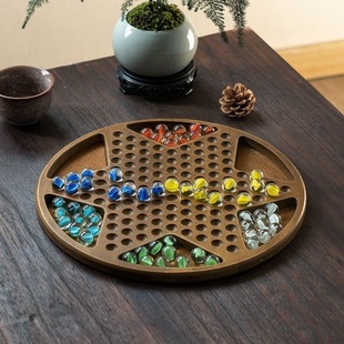Wooden Hexagonal Marble Checkers Chessboard Glass Bead Checkers for Kidsren and Students High-End Educational Kidsren's Glass Marbles